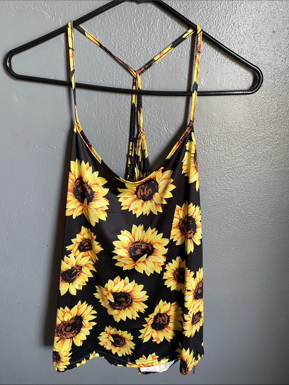 Sunflower Print Strappy Tank Top - Black & Yellow